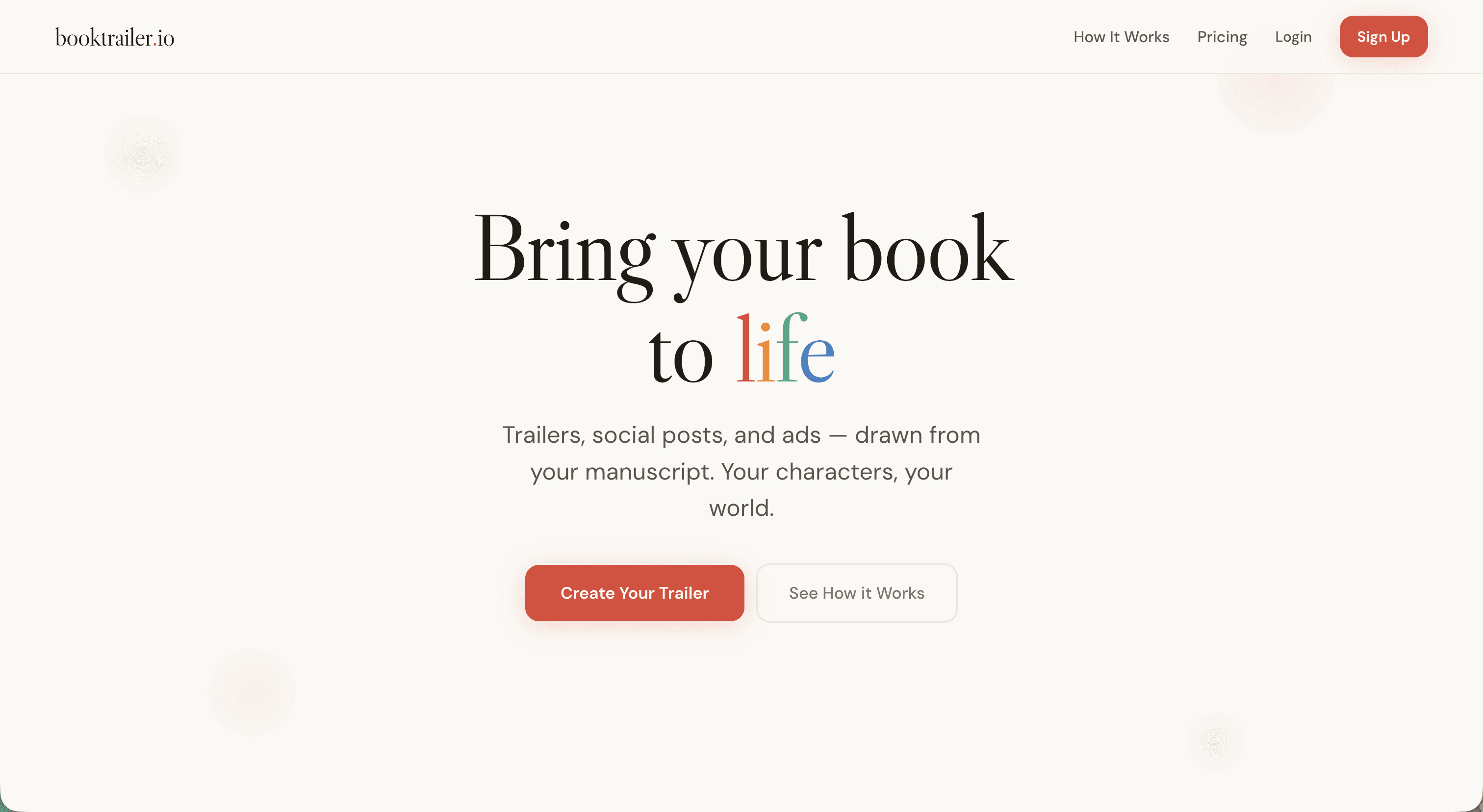Booktrailer landing page — “Bring your book to life. Trailers, social posts, and ads — drawn from your manuscript. Your characters, your world.”