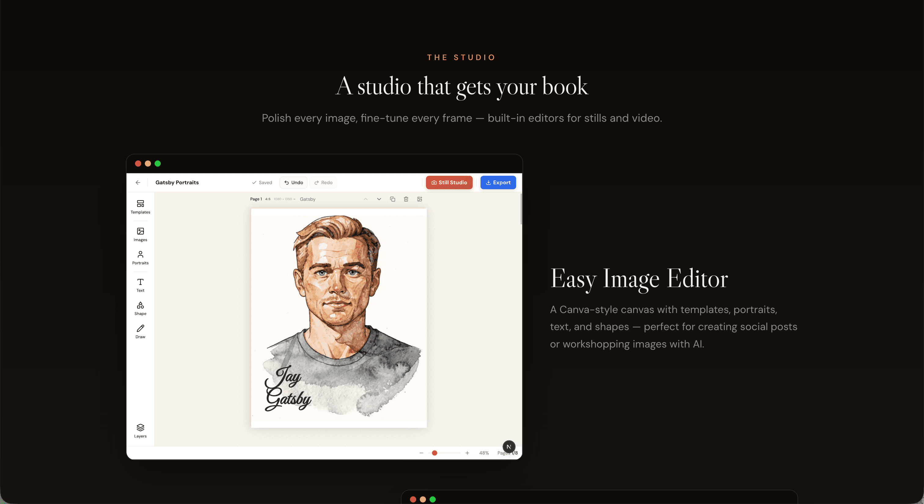 Booktrailer’s studio view — a Canva-style image editor with a watercolor portrait of Jay Gatsby on the canvas, and tools for templates, portraits, text, shapes, and layers.