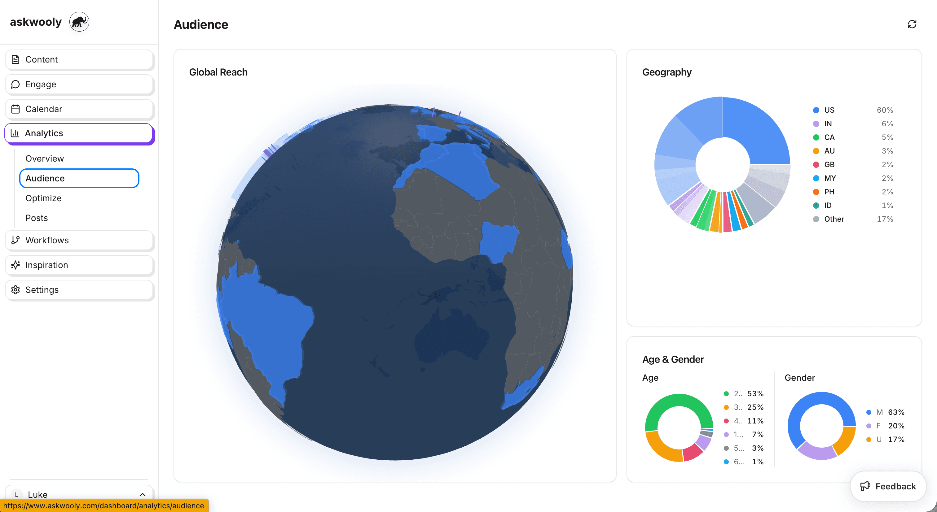AskWooly Audience analytics — interactive globe of global reach, country breakdown, and age and gender distributions.