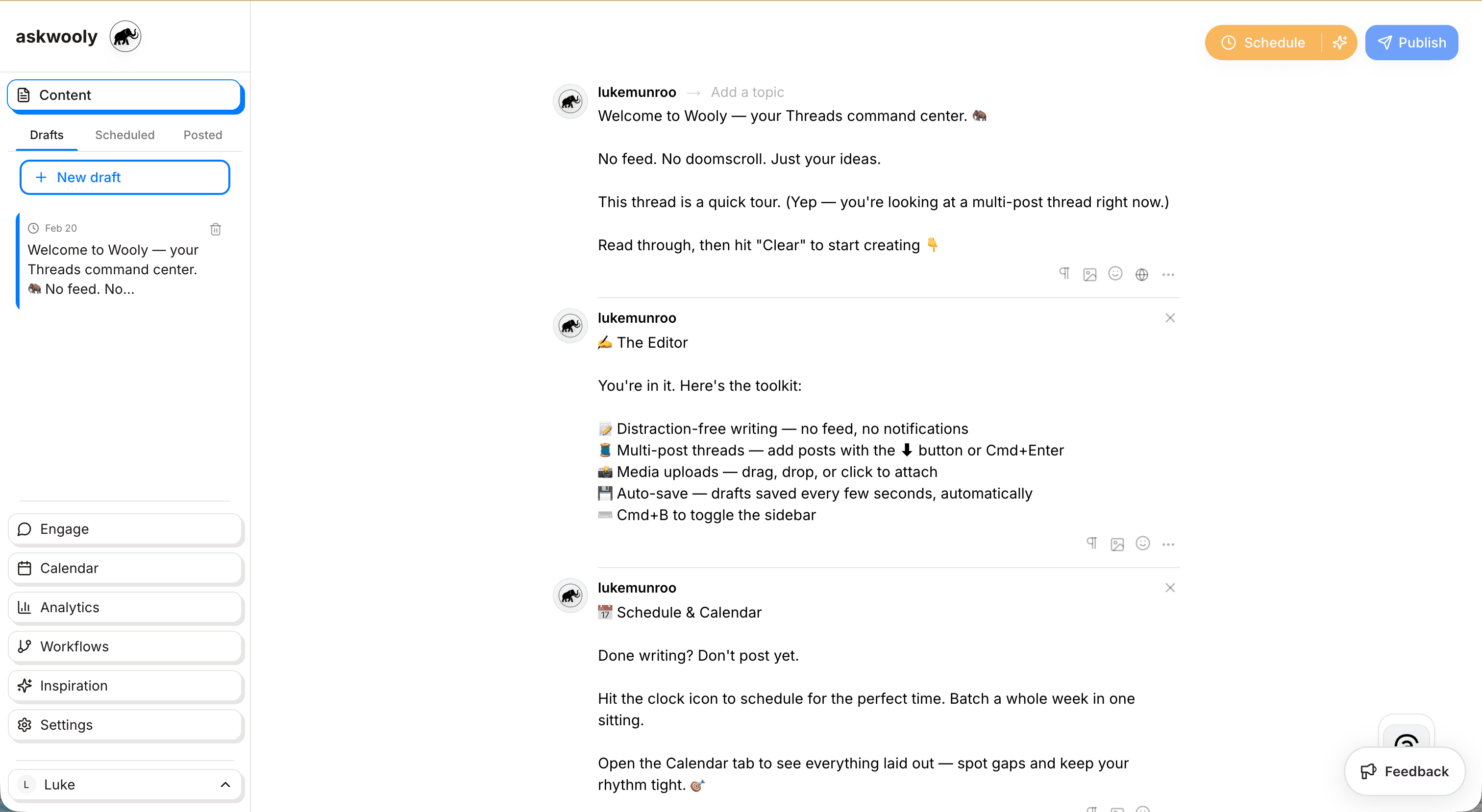 The AskWooly composer — a multi-post thread draft with a sidebar for Content, Engage, Calendar, Analytics, Workflows, and Inspiration.