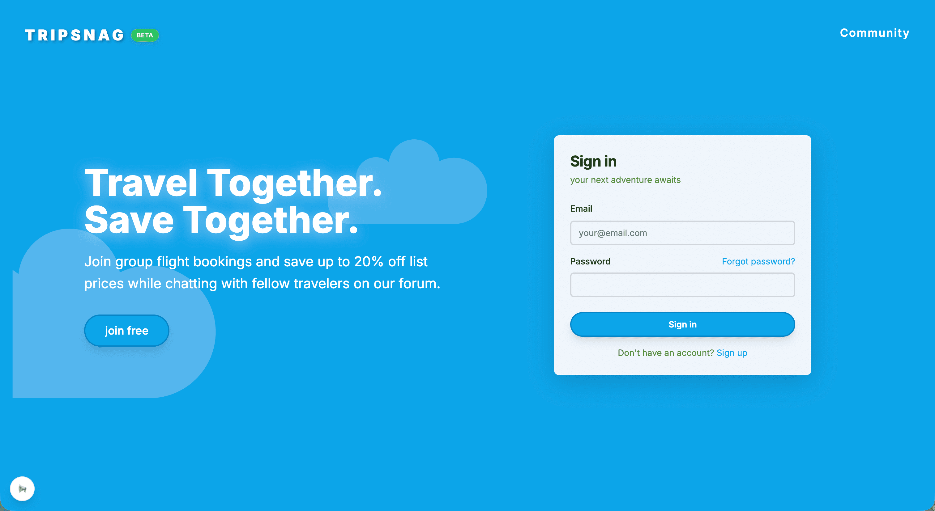TripSnag landing page — “Travel Together. Save Together. Join group flight bookings and save up to 20% off list prices while chatting with fellow travelers on our forum.”